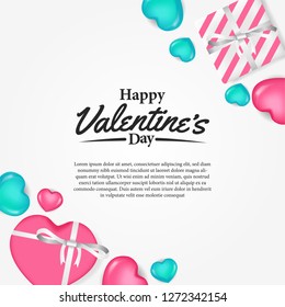Valentine's day banner template with 3D hearth shape pink and green feminine and gift box present. Vector illustration.