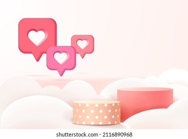 Valentine's day banner template with 3D hearts, shining lights and podium. Vector illustration