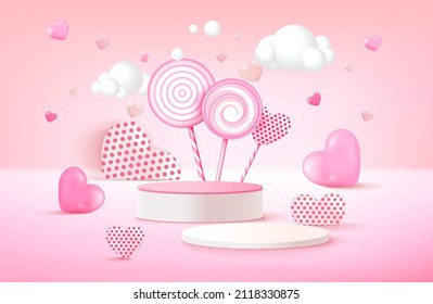 Valentine's day banner template with 3D hearts, shining lights and podium. Vector illustration