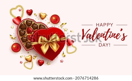 Valentines day banner template with box of chocolate sweets, red candles and golden hearts. Vector design, realistic EPS10 illustration