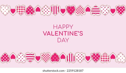 Valentine's day banner template. Frame made of pink and white hearts with ornament. Happy Valentines Day banner, poster, and card. Valentine's hearts background.