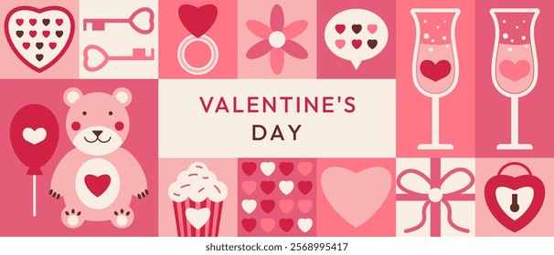 Valentines Day Banner template with Geometric square pattern. Trendy minimalist simple shape mosaic design with icons for card, branding, cover, invitation. Balloon bouquet flowers bear candy glasses