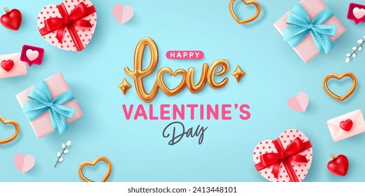 Valentinstag Banner-Vorlage mit goldenem Text Love und Heart Shaped Geschenkbox auf blauem Hintergrund.Vektorgrafik von Valentinstag Poster oder Banner.Grüße und Geschenke für die Liebe oder Valentine Konzept.