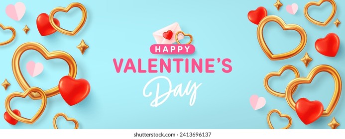 Valentine's day banner template with golden heart shape on blue background.Vector of Valentine's day poster or banner.Greetings and presents for love or Valentine concept.