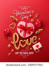 Valentine's day banner template with Heart Shaped Gift Box,golden text Love and golden love 3D Icons.Vector of poster or banner for Valentine's day.Greetings and presents for love concept.
