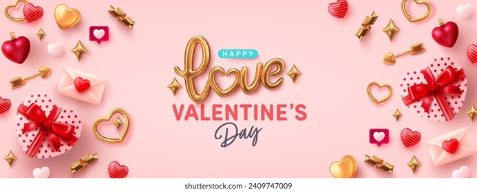 Plantilla de banner para el día de San Valentín con Caja de Regalos en Forma de Corazón, texto dorado Amor e iconos en 3D del amor dorado.Vector del afiche o pancarta del día de San Valentín.Saludos y regalos para el concepto de amor o San Valentín.