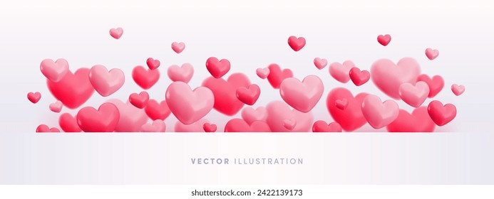 Valentines Day banner template. Horizontal border with flying pink heart balloons. Realistic hearts frame on white background. Cartoon 3d vector Valentine's day design for greeting cards, invitation.