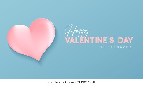 Valentine's day banner template with realistic pink heart shape vector on blue background. Cute love greeting card design with space for your text. Vector illustration