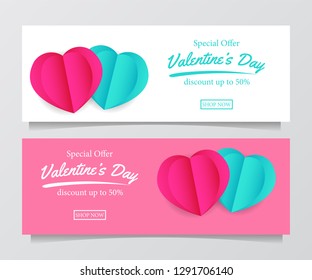 Valentine's day banner template for sale offer discount voucher with hearth shape origami paper craft style. Vector illustration