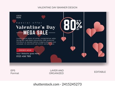 Plantilla de banner de San Valentín. Venta de día de San Valentín Diseño de plantilla de banner web .Vector de tarjeta de San Valentín.Mega venta plantilla de portada de medios sociales.