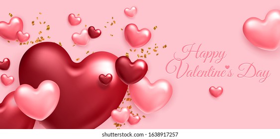 Valentine's day banner template for social media advertising, invitation or poster design with realistic  heart shapes background. Vector illustration