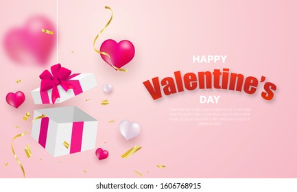 Valentine's day, banner template. Surprise gift box with glod ribbon and hearts balloon,