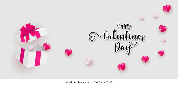 Valentine's day, banner template. Surprise gift box with glod ribbon and hearts,