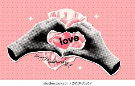 Valentine's day banner template with trendy art collage with paper torn out stickers. Female hands holding cut out paper halftone heart. Retro vector illustration with grunge Valentine's Day symbols.