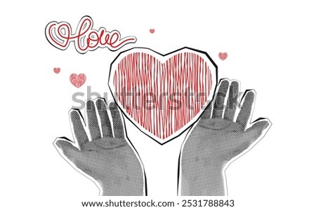 Valentines day banner template. Trendy collage halftone hands holding or giving heart. 
Day of kindness, volunteering. Retro vector illustration