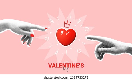 Valentine's day banner template. Vector illustration with halftone hands pointing fingers to heart. Concept of vintage collage for Valentine's Day with cut out symbols and hand drawn doodles.