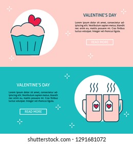 Valentines day banner templates in line style with place for text. Love concept symbols. Romantic illustrations for poster or flyer.