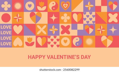 Valentine's Day Banner. Trendy Geometric Retro Heart Icons. Vector Template in Flat Style for Greetings on Web, Social Media, Posters, Banners