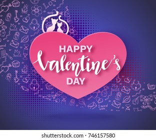 Valentines day banner in trendy paper art style with carved heart and couple of cats silhouette, romantic background for holiday invitation with lettering