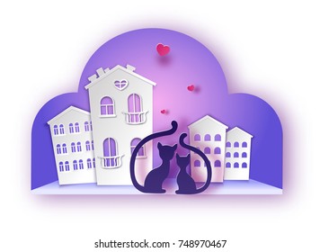 Valentines day banner in trendy paper art style with carved heart and couple of cats silhouette, romantic background for holiday invitation with lettering
