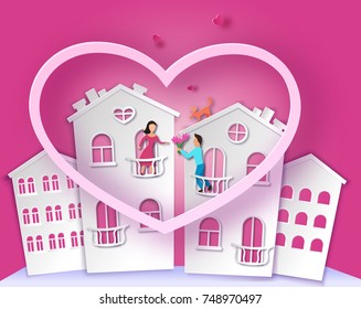 Valentines day banner in trendy paper art style with carved heart and romantic couple. man gives flowers to woman, and cat on the roof, background for holiday invitation with lettering