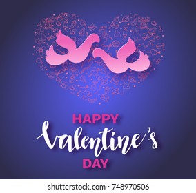 Valentines day banner in trendy paper art style with carved heart and couple of pigeons silhouette, romantic background for holiday invitation with lettering