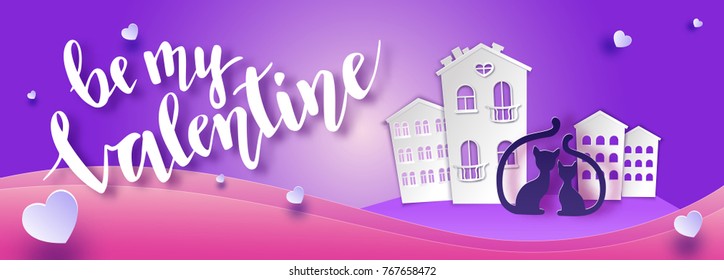 Valentines day banner in trendy paper art style with carved heart and couple of cats silhouette, romantic background for holiday invitation with lettering