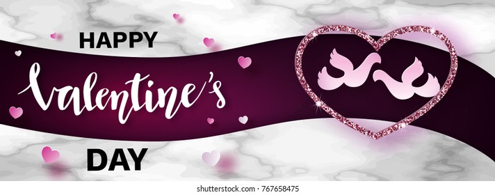 Valentines day banner in trendy paper art style with carved heart and couple of pigeons silhouette, romantic background with marble texture for holiday invitation with lettering