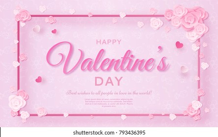 Valentines day banner in trendy paper art style with carved heart and flowers, origami background for holiday invitation, poster, print, vector illustration