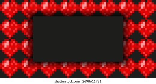 Valentine's Day banner. Vector Pixel art Red Heart background with Empty Frame for text. Romantic holiday backdrop for web social media Valentine Day concept. 