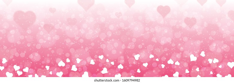 Valentine's Day banner vector template. Pink blurred background with hearts and bokeh effect