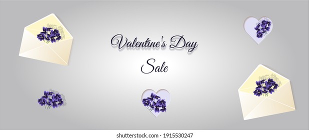 valentine's day banner with violets and envelope