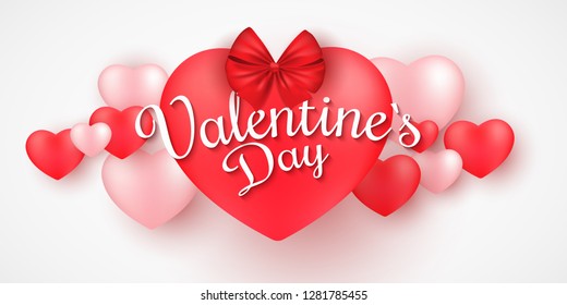 Valentine's Day banner for web. Romantic 3D hearts on a white background. Big heart with ribbon and bow. Beautiful calligraphy. Romantic composition. Vector illustration. EPS 10