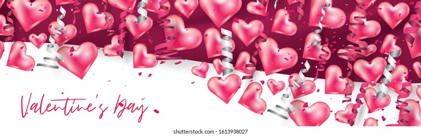 Valentines Day banner or website header background with 3d hearts and confetti. Love design concept. Romantic invitation or sale offer promo. Vector illustration.