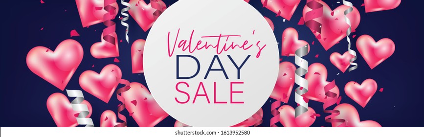 Banner o encabezado de sitio web del Día de San Valentín con corazones y confetti 3d. Concepto de diseño de amor. Oferta promocional de invitación romántica. Ilustración vectorial.