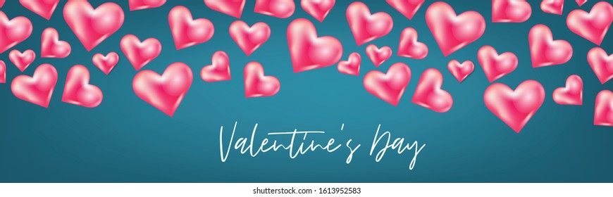 Valentines Day banner or website header background with 3d hearts. Love design concept. Romantic invitation or sale offer promo. Vector illustration.