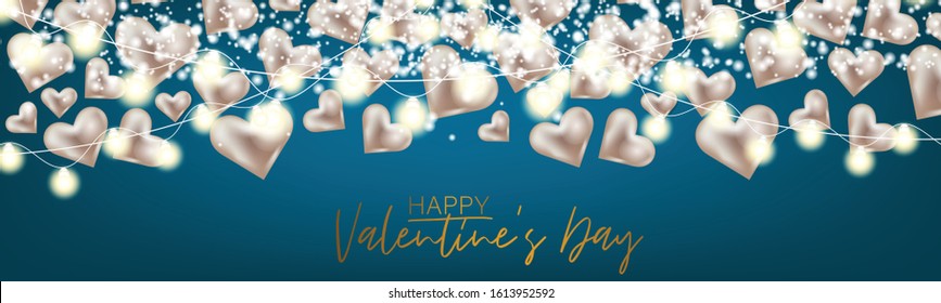 Valentines Day banner or website header background with 3d hearts and garland lights. Love design concept. Romantic invitation or sale offer promo. Vector illustration.