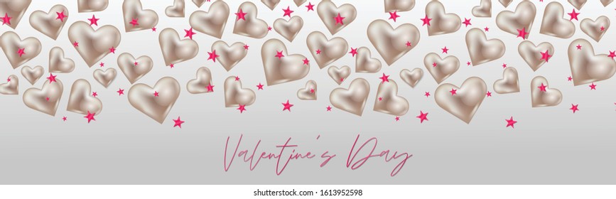 Valentines Day banner or website header background with 3d hearts and stars. Love design concept. Romantic invitation or sale offer promo. Vector illustration.