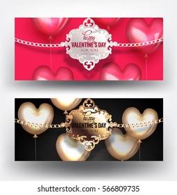 Valentine's Day banners with air balloons and vintage frame. Vector illustration