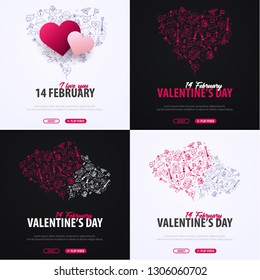 Valentines Day banners with doodle background. 14 February. Vector Illustration