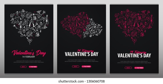 Valentines Day banners with doodle background. 14 February. Vector Illustration