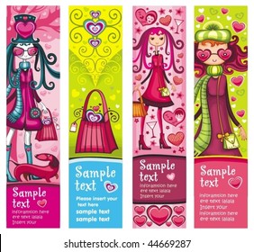 Valentine's Day banners with fashion girls, hearts, shopping bag, dog, lots of Valentine's decorations. With space for your text.