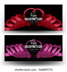 Valentine's Day banners with heart shaped curly ribbons. Vector illustration