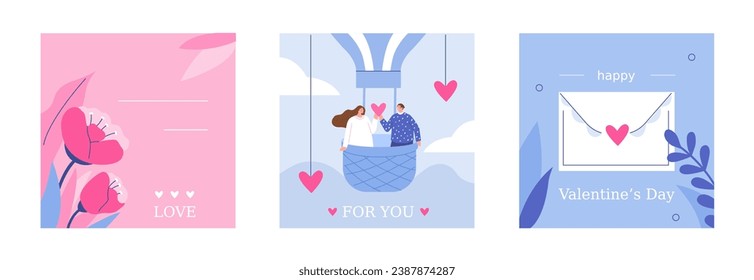 
Valentine's day banners, posters, backgrounds set. Beautiful postcards with couple, flowers, hearts, love letter. Romantic greeting card for 14 February. Vector illustration 