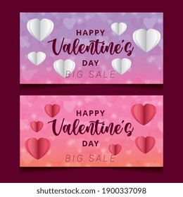 valentines day banners set with hearts and big sale announcement. vector illustration