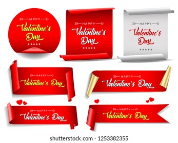 Valentines day banners set. Ribbons and round sticker. Paper scrolls. Vector illustration.