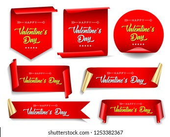 Valentines day banners set. Ribbons and round sticker. Paper scrolls. Vector illustration.