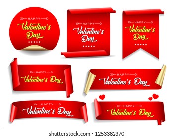 Valentines day banners set. Ribbons and round sticker. Paper scrolls. Vector illustration.