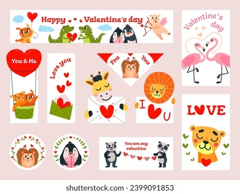 Banners y stickers del día de San Valentín, marcadores y tarjetas de impresión. Animales divertidos con el corazón enamorado. Personajes portadores de dibujos animados de clase romántica