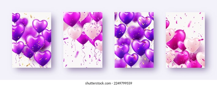 Valentine's Day banners with violet heart balloons. Wedding invitation card template, love background. Mother's Day greeting cards. Beautiful romantic banner. Vector illustration